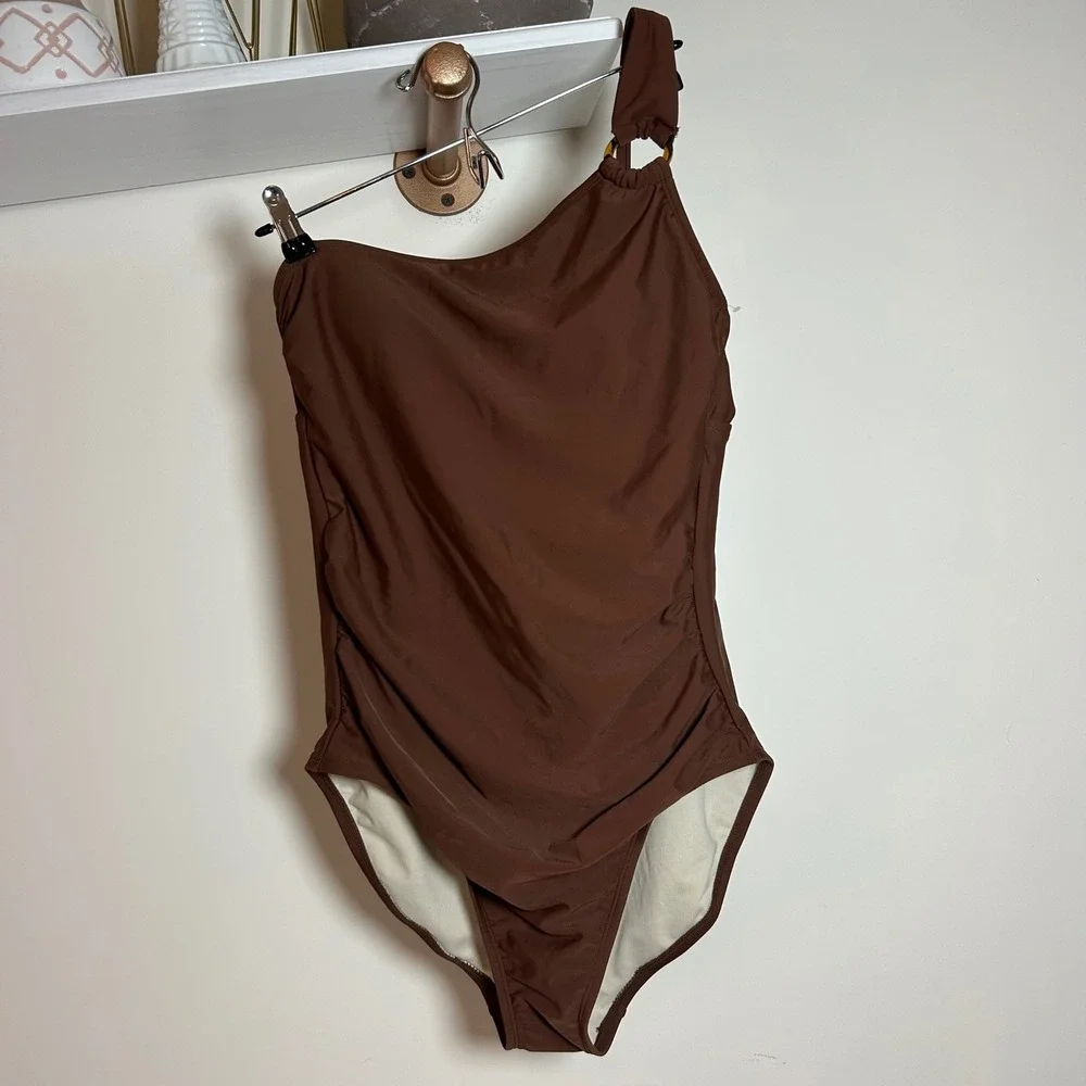 Kona‎ Sol Womens Brown One Shoulder Ring Detail Ruched One Piece Swimsuit Large